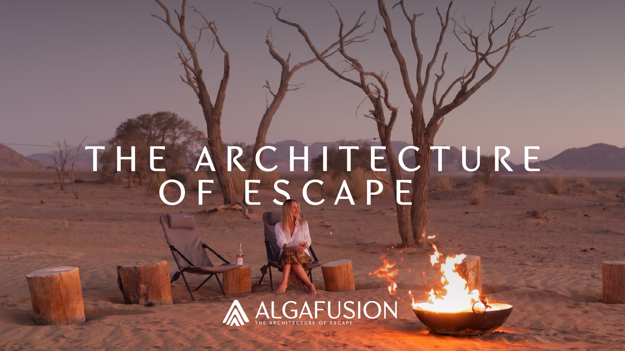 Algafusion brand presentation with a campfire, outdoor chairs and desert landscape under The Architecture of Escape headline