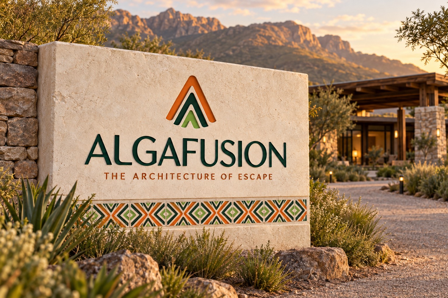 Algafusion entrance-sign concept in cream stone with orange and green emblem beside a wilderness lodge