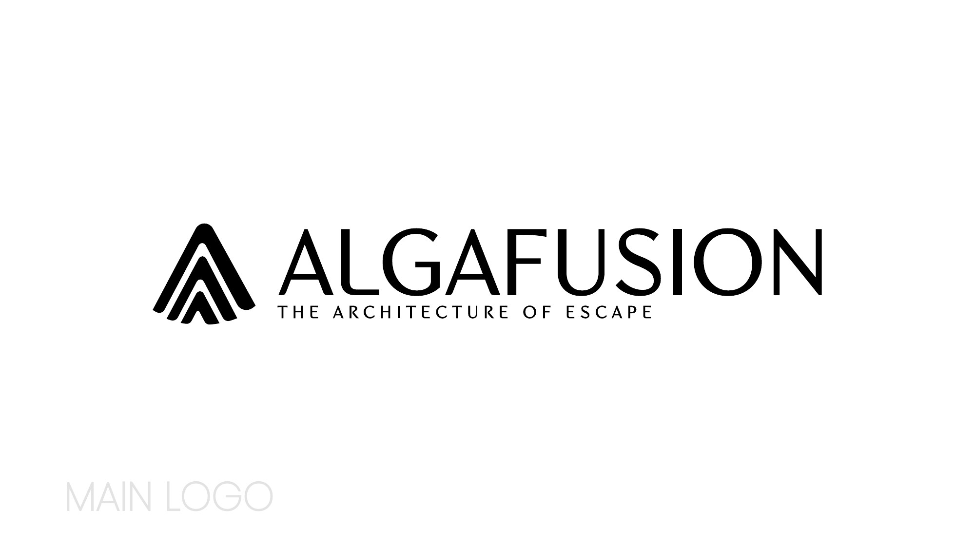 Algafusion black horizontal logo with tiered A emblem and The Architecture of Escape tagline