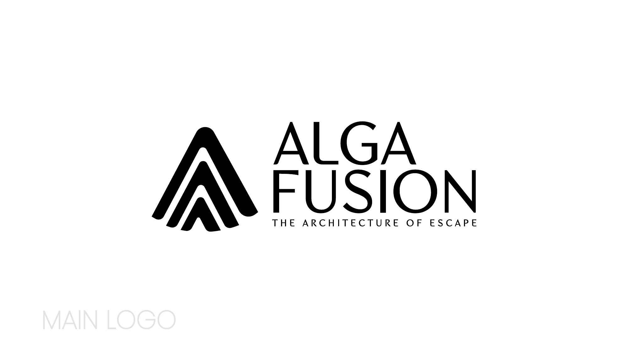 Algafusion black stacked wordmark beside the tiered A emblem