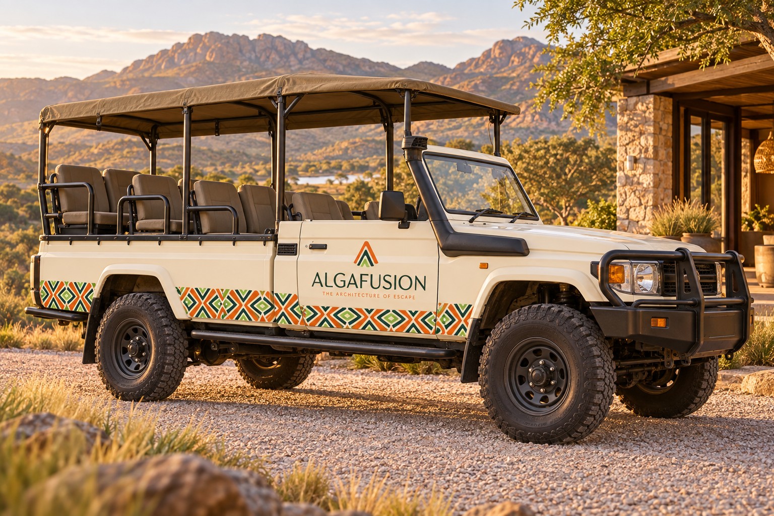 Algafusion safari-vehicle concept with cream body, three-colour emblem and geometric patterned trim