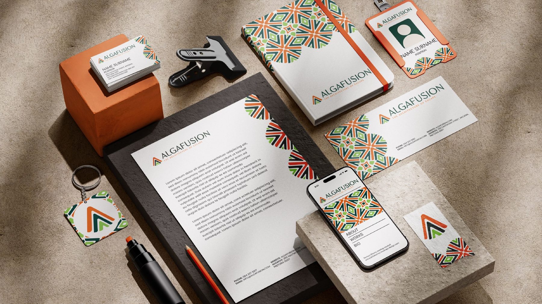Algafusion stationery presentation: cards, letterhead, notebook and name tag