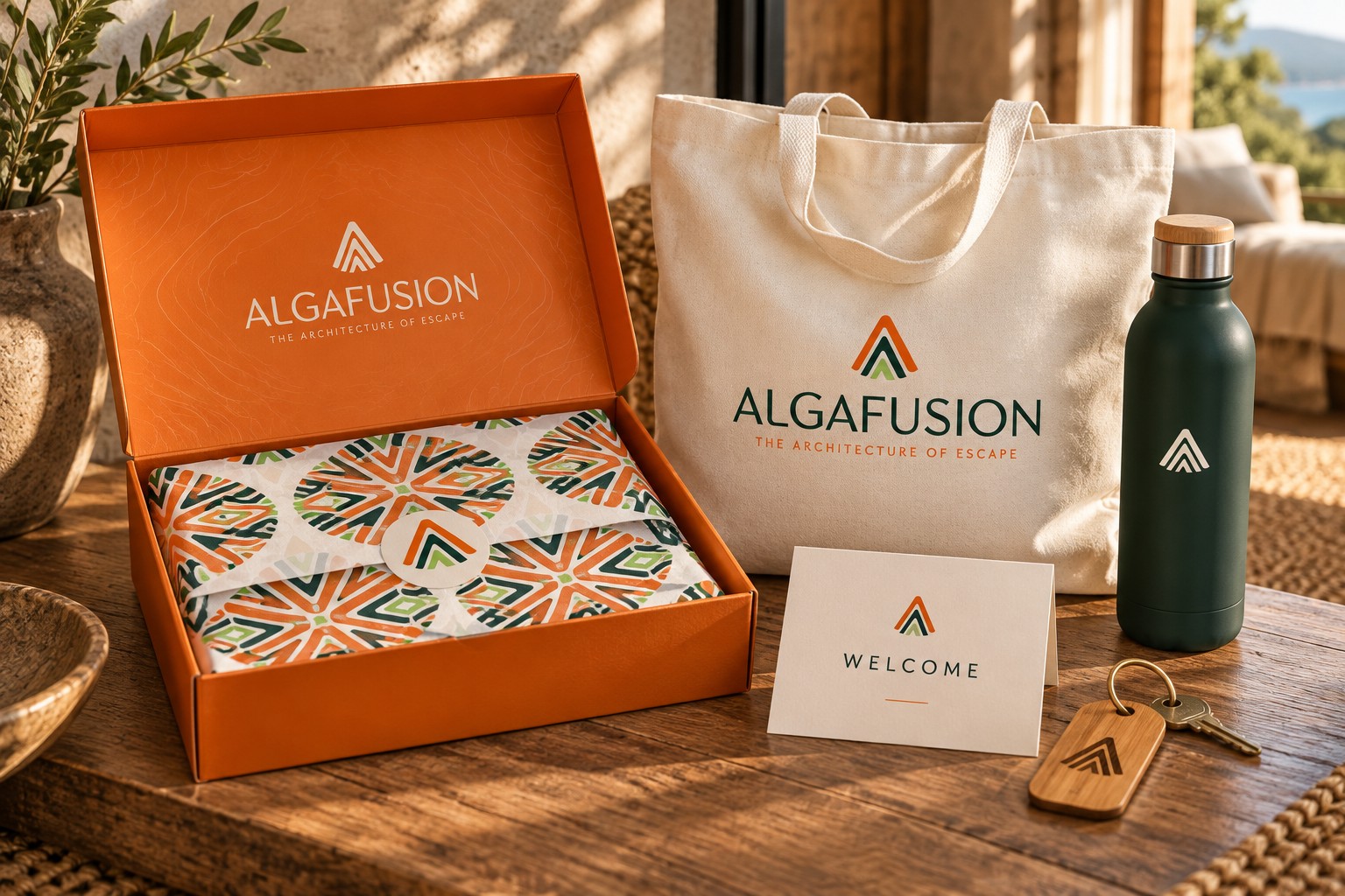Algafusion guest welcome-kit concept with orange gift box, patterned tissue, canvas tote, bottle and room-key tag