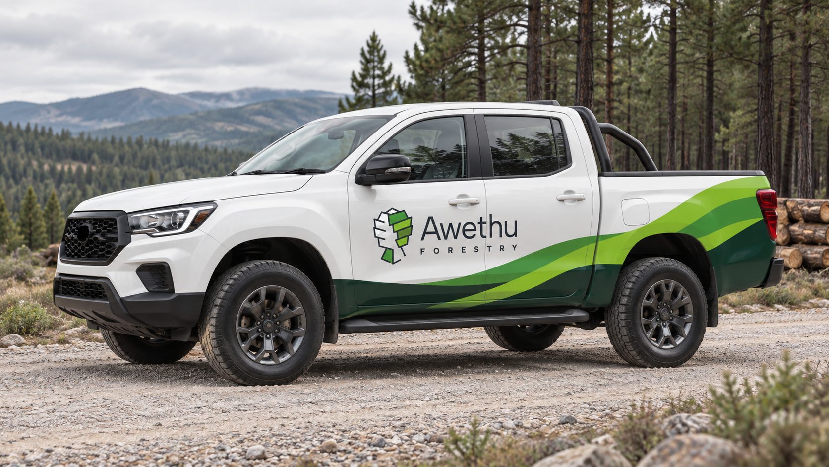 Awethu Forestry concept: white pickup with forest-green and lime vehicle graphics