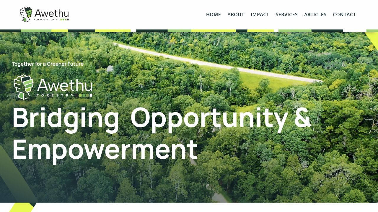 Live Awethu Forestry homepage with forest imagery, green brand accents and the headline Bridging Opportunity and Empowerment