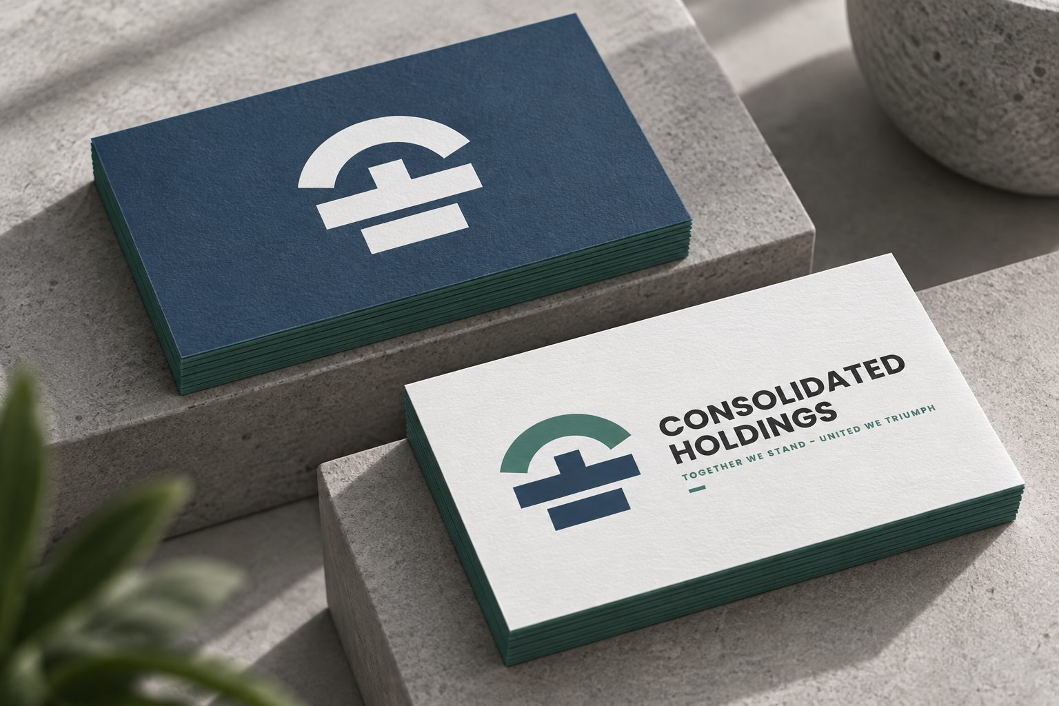 Consolidated Holdings white and slate-blue business cards on grey plinths