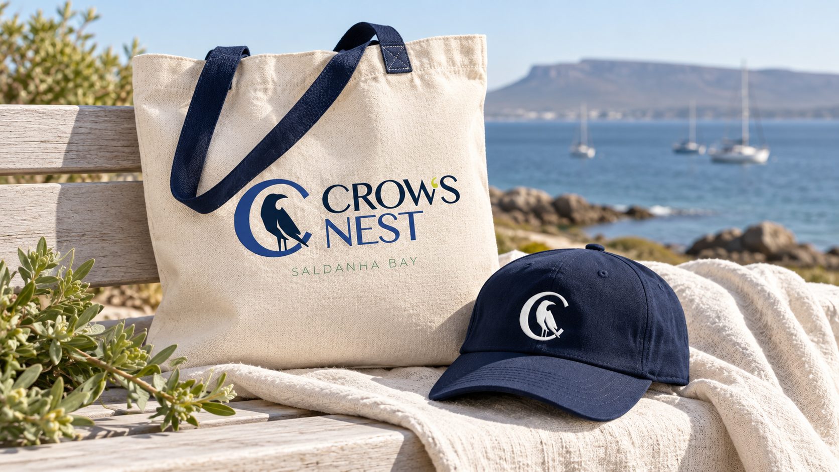 Crow’s Nest concept mockup: tote and cap