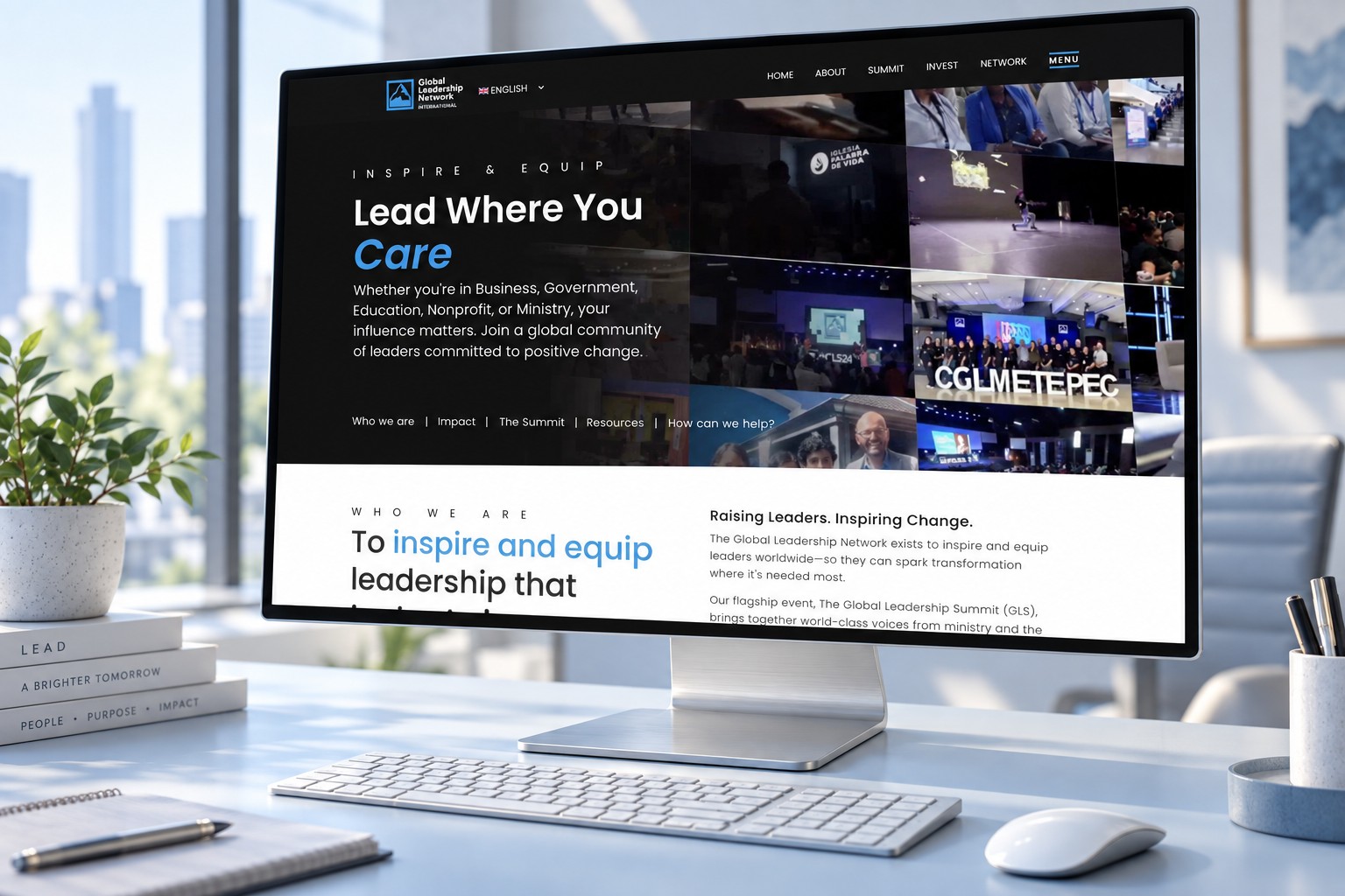 GLNI homepage displayed on a desktop monitor in a blue workspace concept