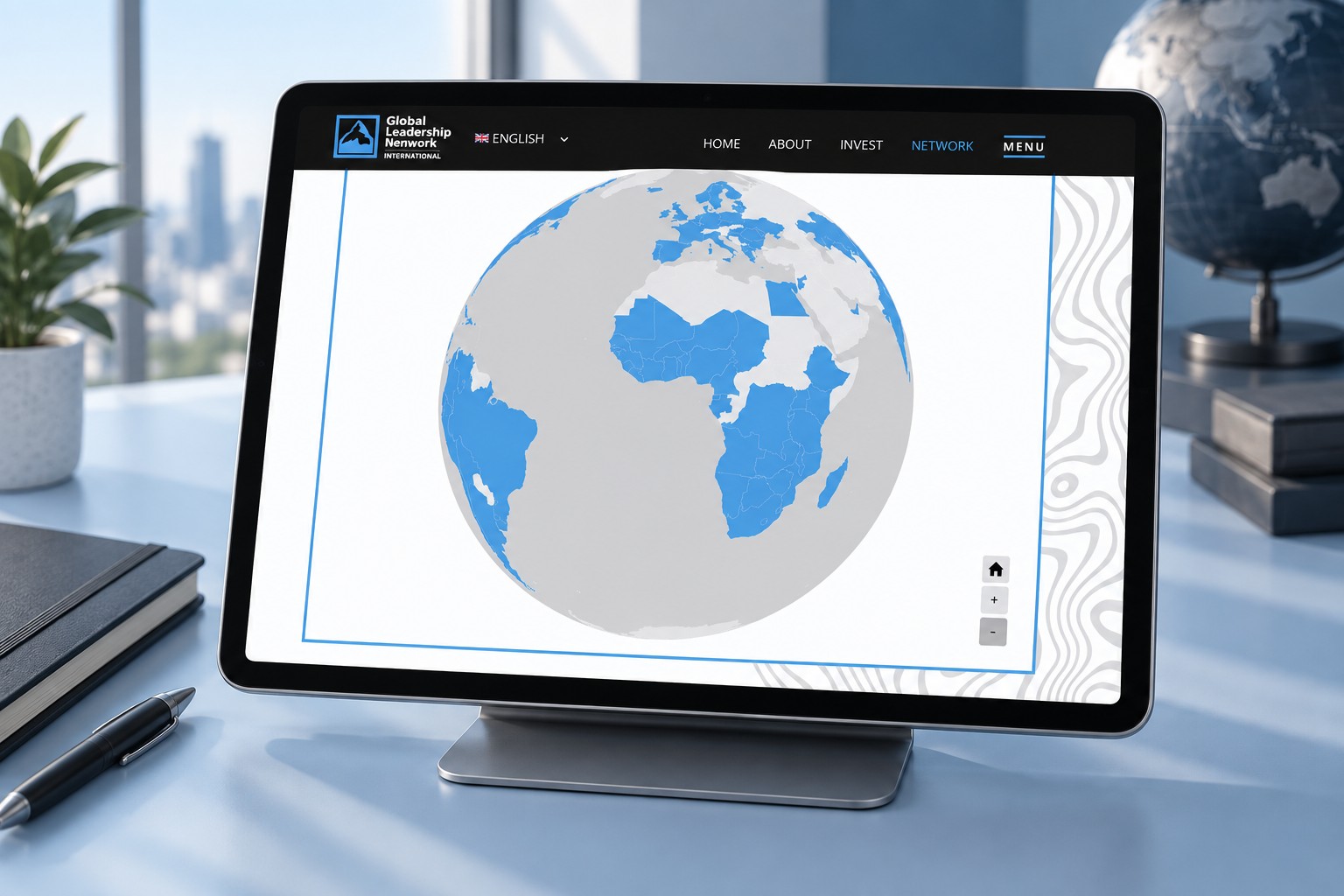 GLNI network globe displayed on a landscape tablet in a workspace concept