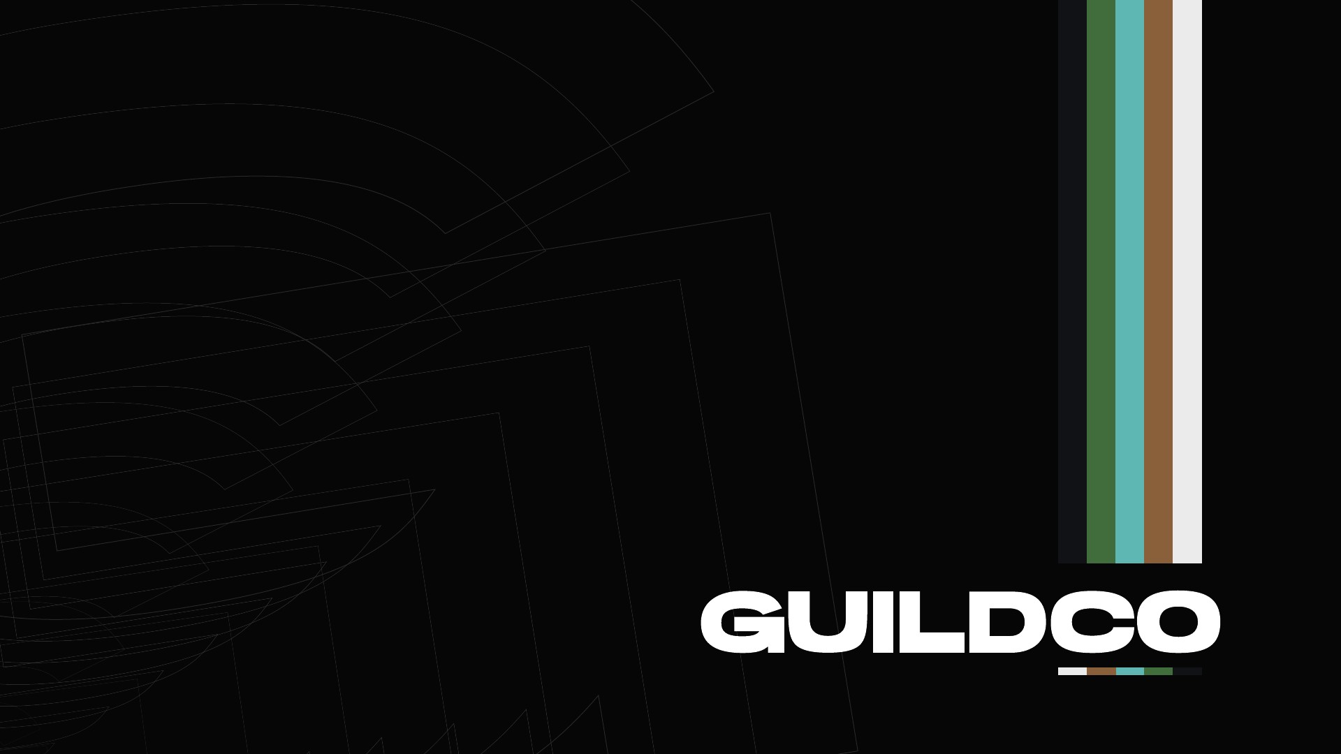 Guildco white wordmark on black with green, teal, brown and ivory identity stripes