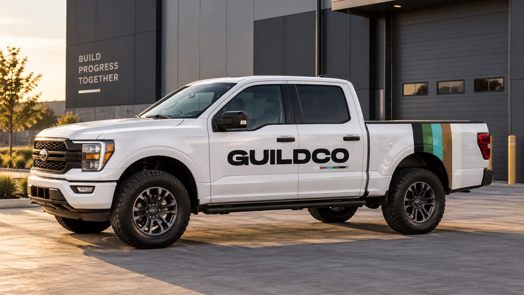 Guildco-branded white pickup truck outside an industrial building