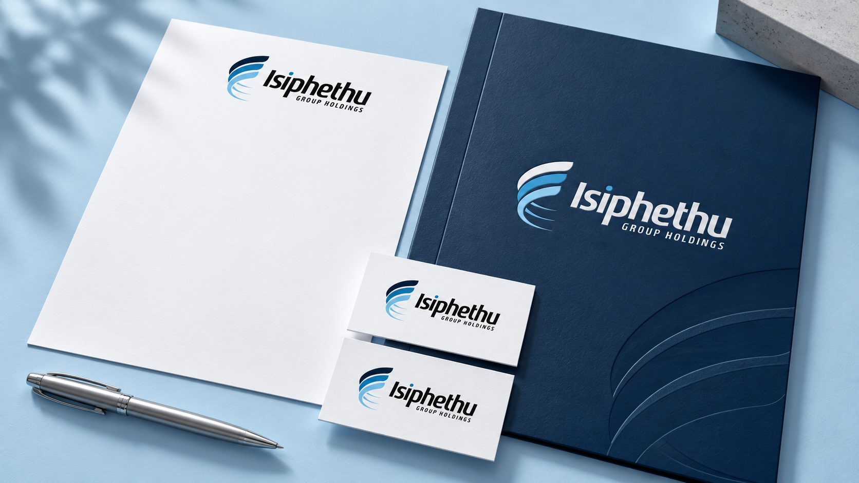 Isiphethu stationery concept with letterhead, folder, cards and pen