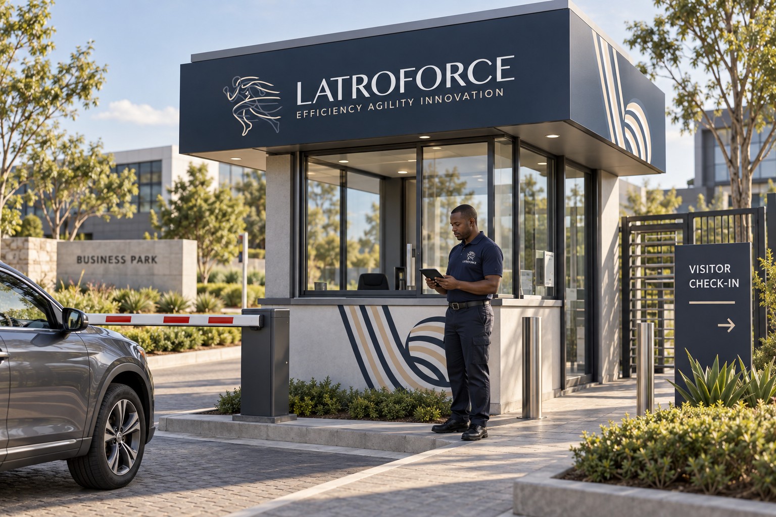 Concept mockup of a staffed Latroforce gatehouse with vehicle barrier and visitor check-in signage