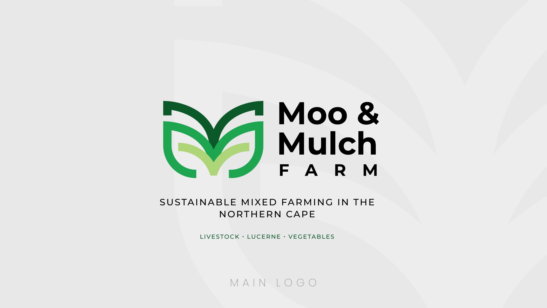 Moo & Mulch Farm primary logo in three greens with stacked black wordmark