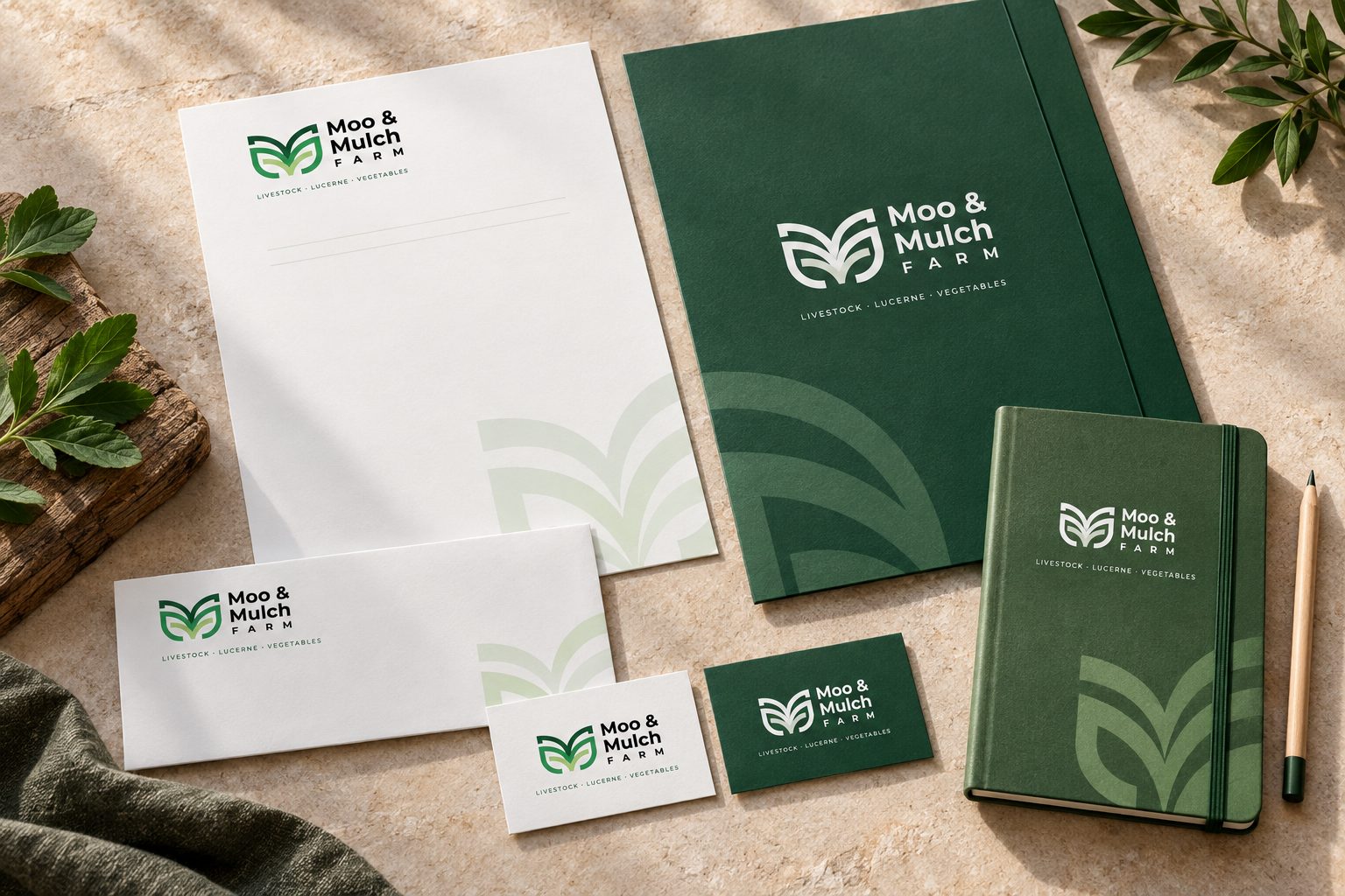 Moo & Mulch Farm stationery suite · Concept mockup