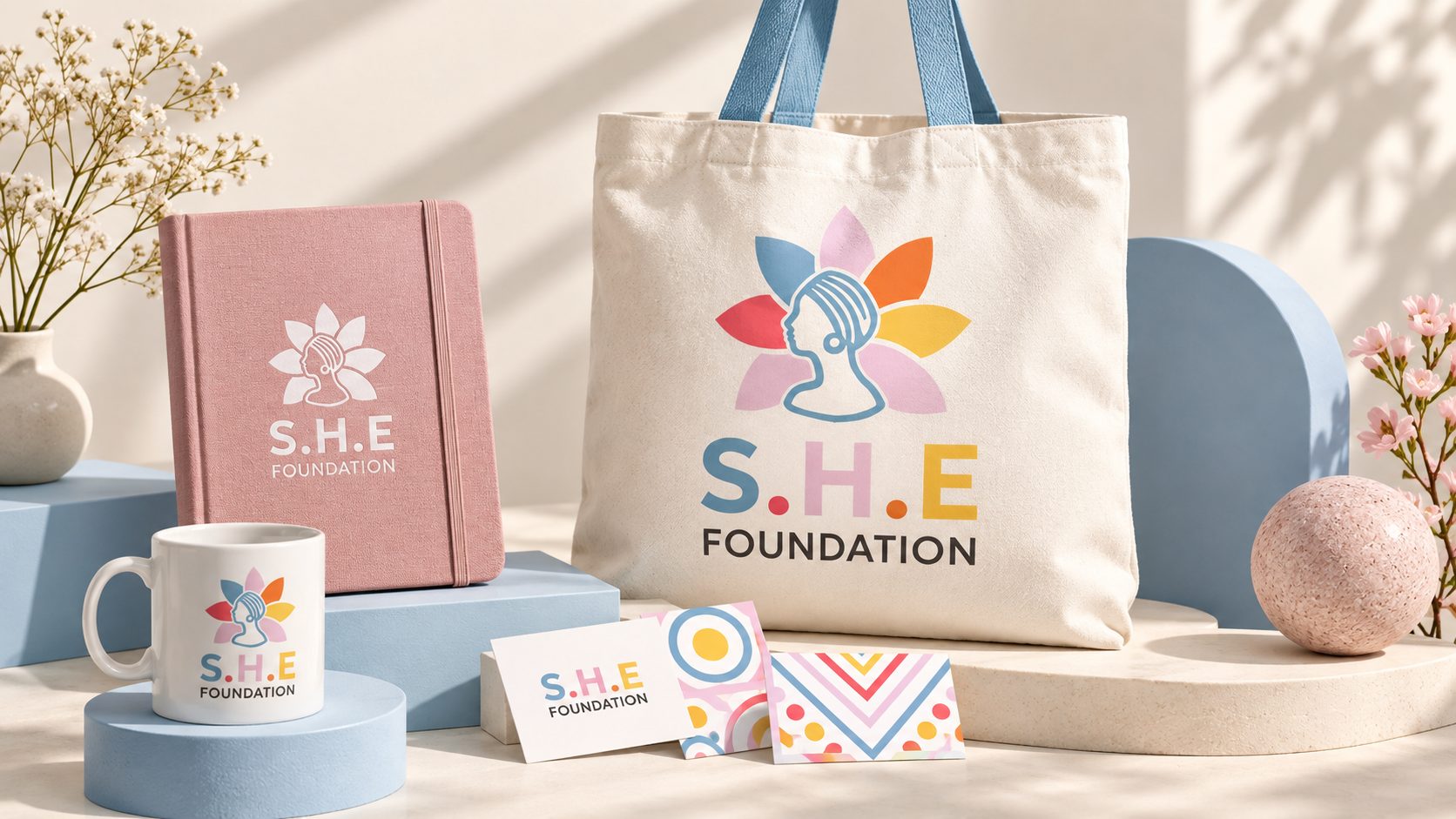 S.H.E Foundation branded tote, notebook and mug on display plinths