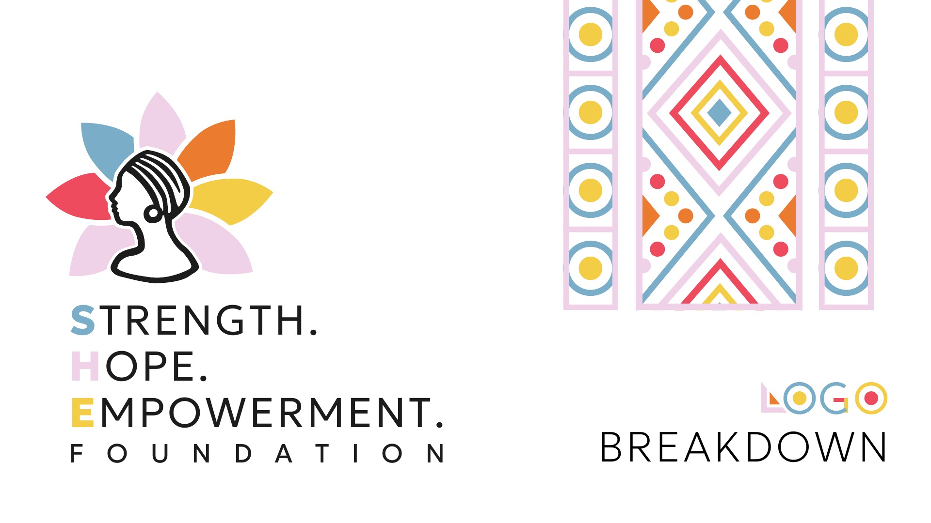Original SHE Foundation identity presentation with coloured initials and profile-and-petal emblem