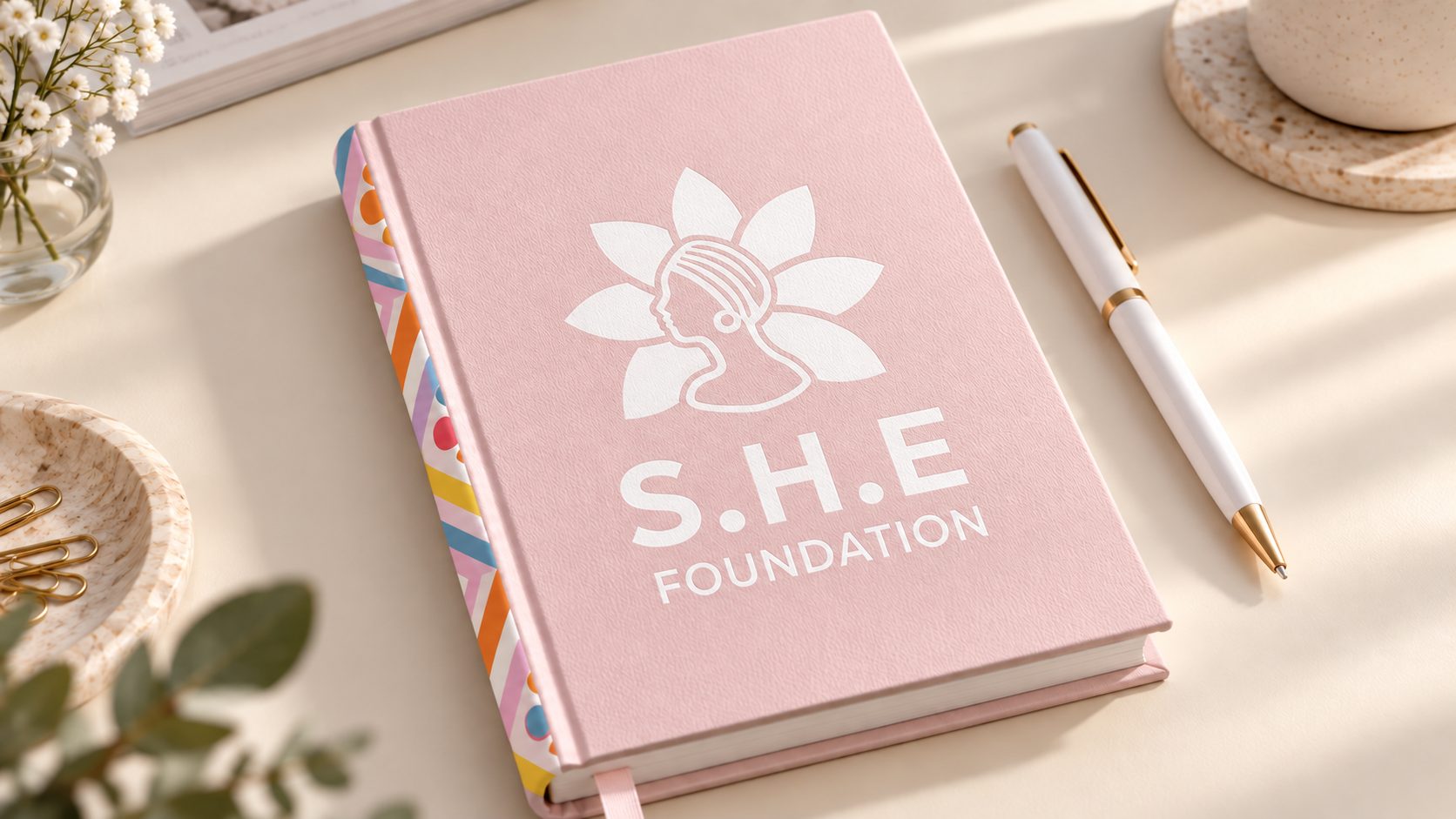 SHE Foundation concept mockup: pink notebook with a white logo printed directly on its cover