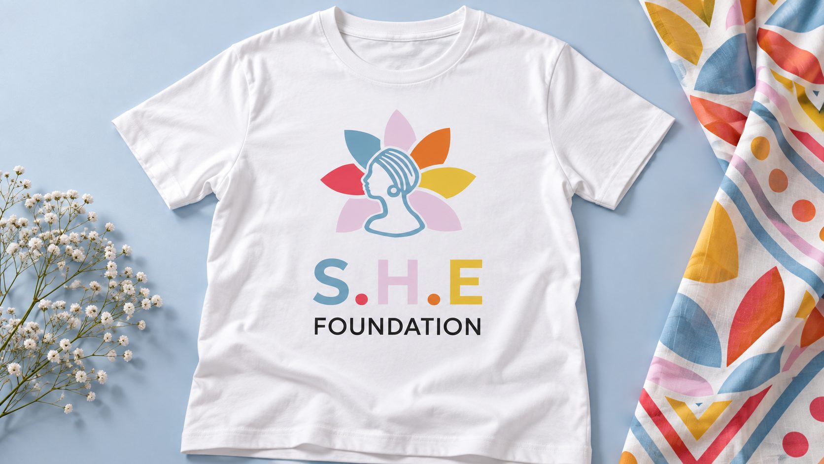 SHE Foundation concept mockup: branded t-shirt