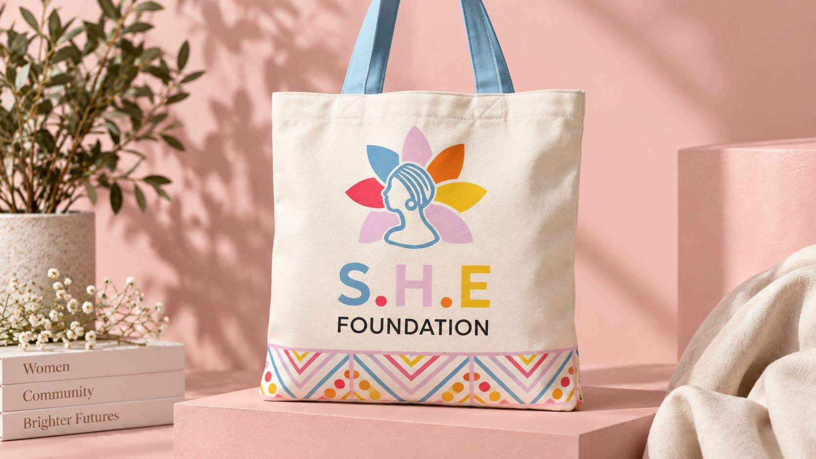 SHE Foundation concept mockup: canvas tote bag