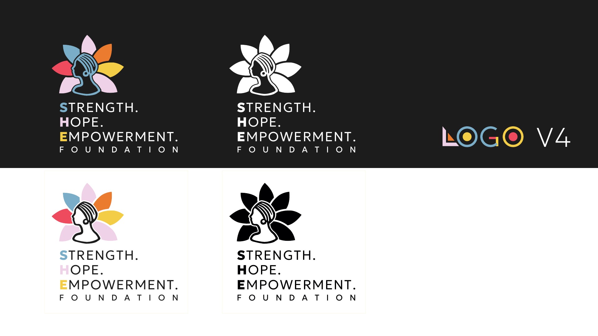 Strength Hope Empowerment Foundation logo lockups on light and dark backgrounds