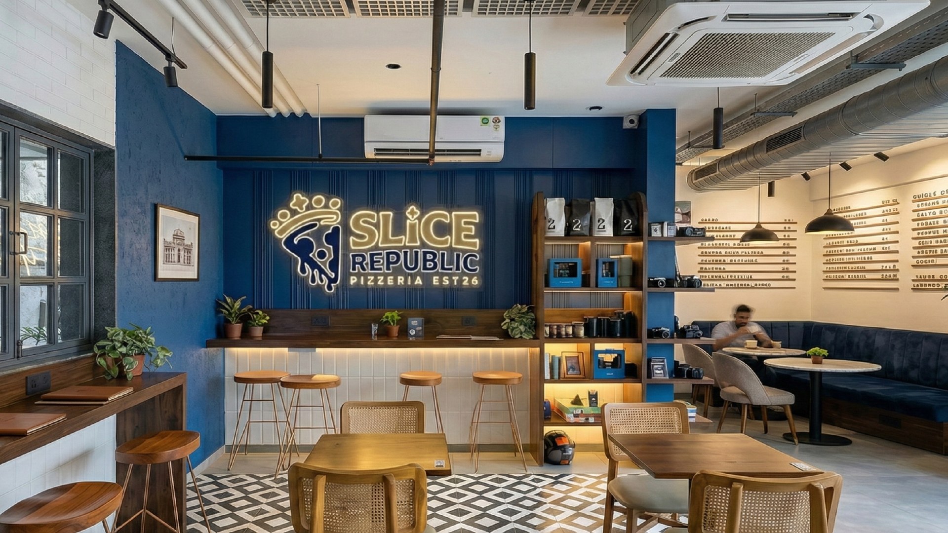 Slice Republic proposed pizzeria interior with navy walls and gold logo signage