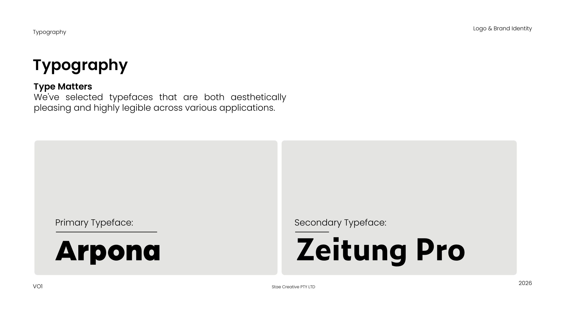 Arpona and Zeitung Pro typeface specimens from the Slice Republic identity guide